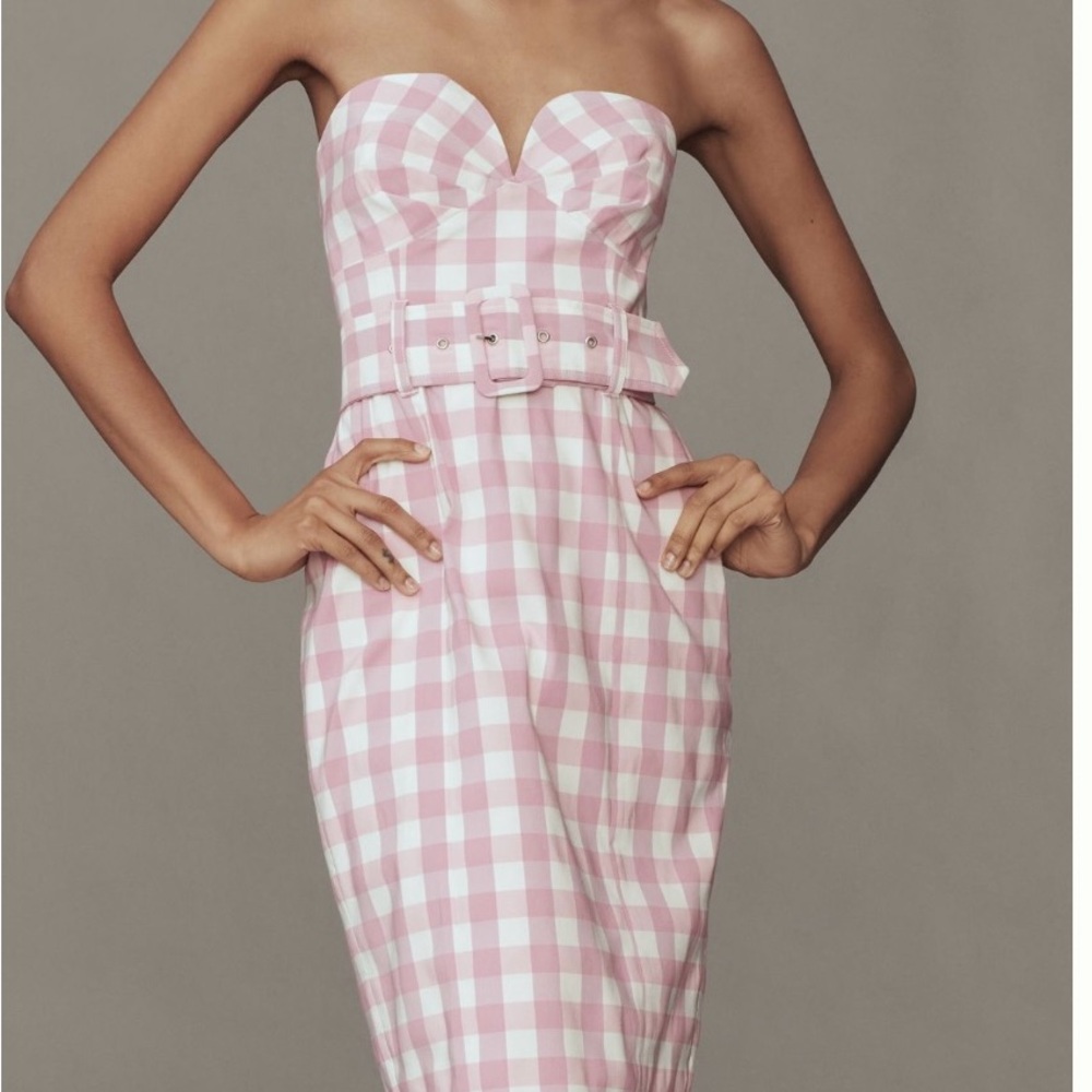 Anthropologie Maeve Strapless Pink Gingham Dress Size L